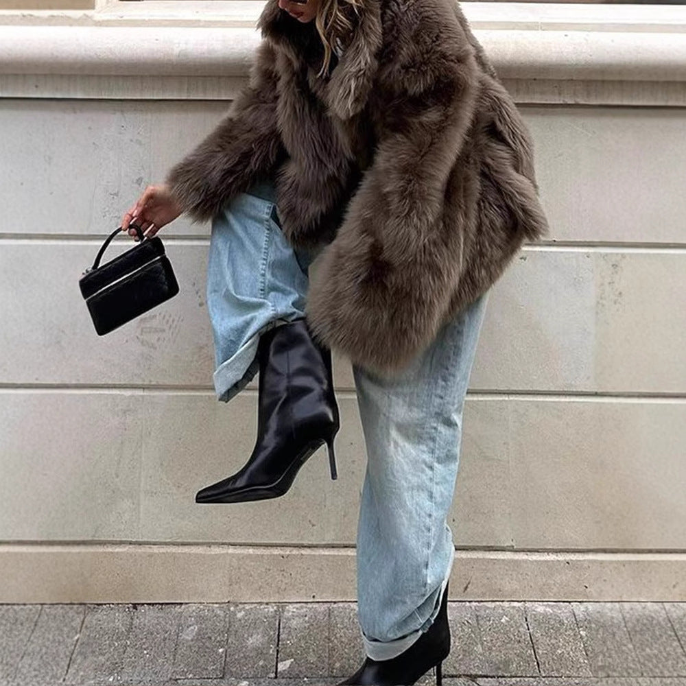 Damen Pelzjacke im modernen Oversize-Stil mit gemütlichem Kragen Drune