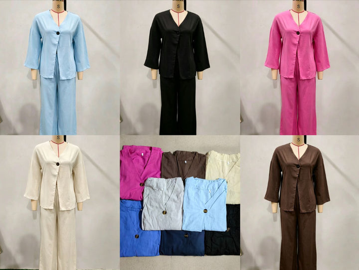 Damen nan lockeres Leinenoptik-Zweiteiler mit Kimono-Blazer und weitem Palazzo-Hose Drune