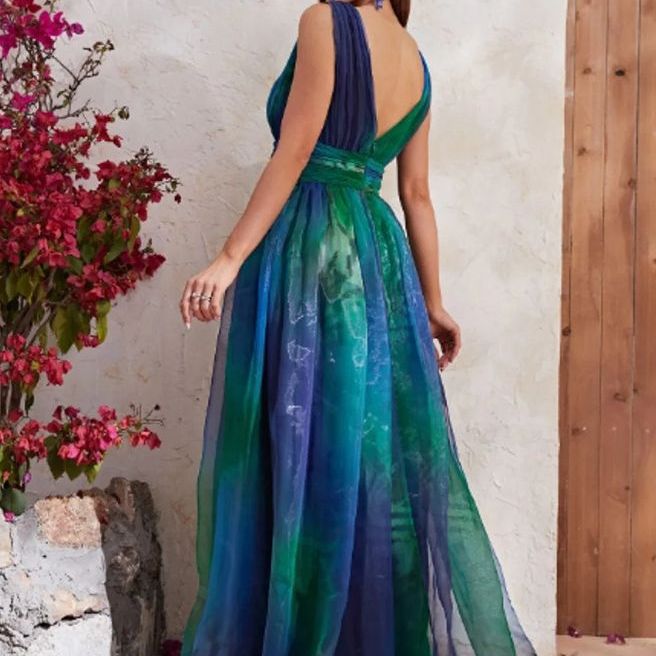 Damen elegantes Maxikleid mit fließendem Chiffon-Oberteil und V-Ausschnitt Drune