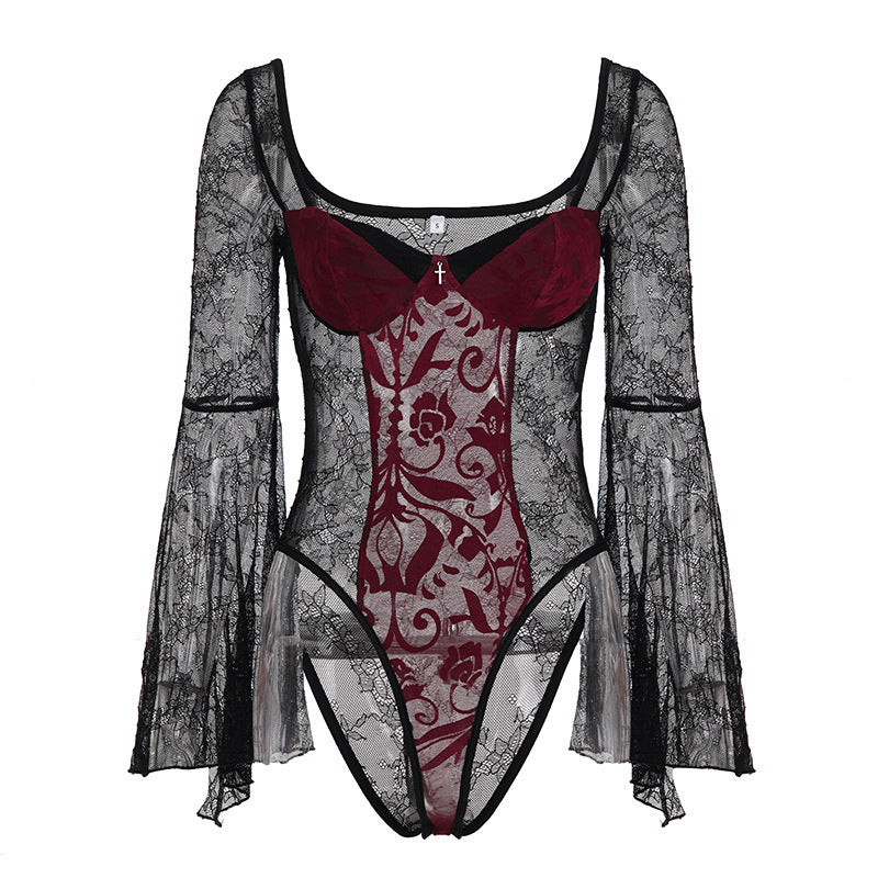 Damen Spitzen-Bodysuit mit voluminösen Ärmeln und eleganten Verzierungen Drune