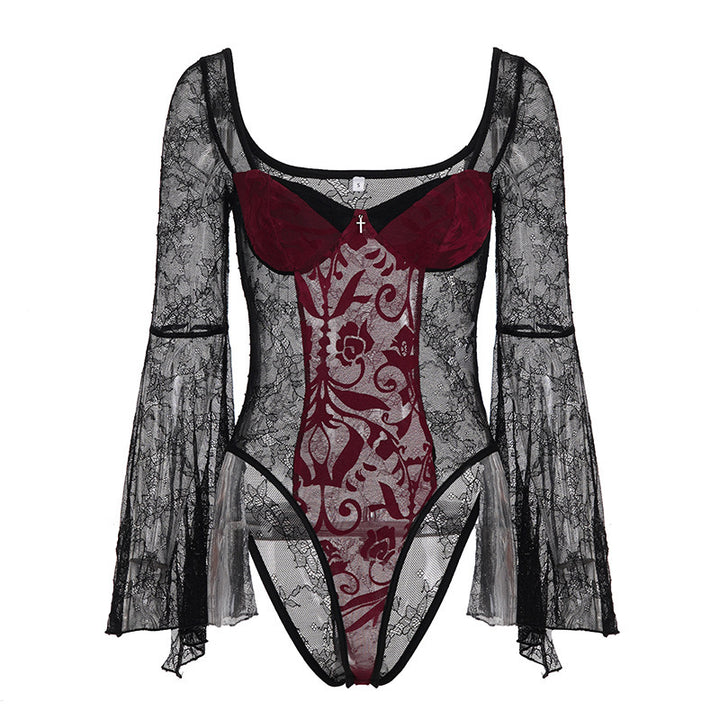 Damen Spitzen-Bodysuit mit voluminösen Ärmeln und eleganten Verzierungen Drune