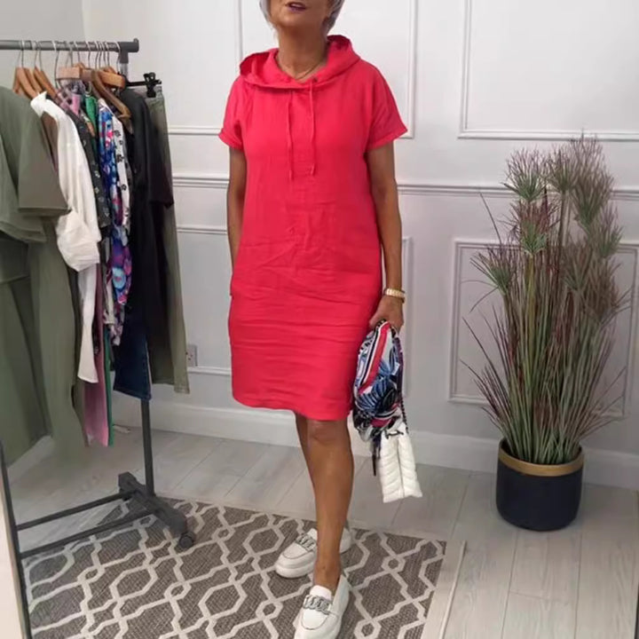 Damen nan legeres Kapuzenkleid mit kurzem Ärmel, geradem Schnitt und Kordelzug Drune