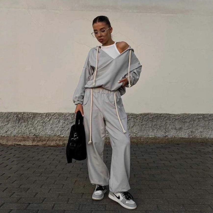 Damen lässiges Relaxed-Fit Freizeit-Set mit Kapuzenpullover und bequemen Jogginghosen Drune