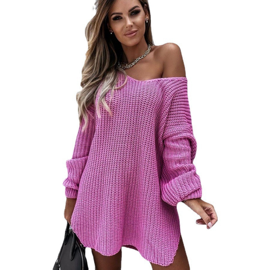 Damen Oversize Strickkleid mit weitem Rundhalsausschnitt und lässiger Passform Drune