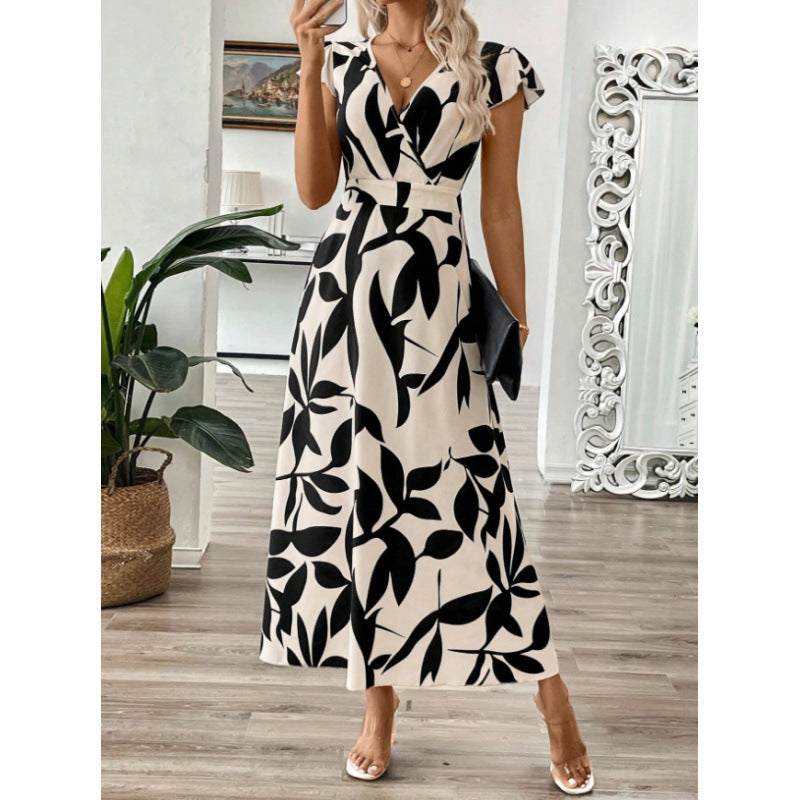 Damen Langarm-Maxikleid mit floralem Design und elegantem V-Ausschnitt Drune