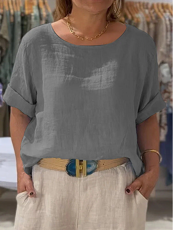 Damen lässige Leinenbluse mit umschlagbaren Ärmeln und weitem Schnitt Drune