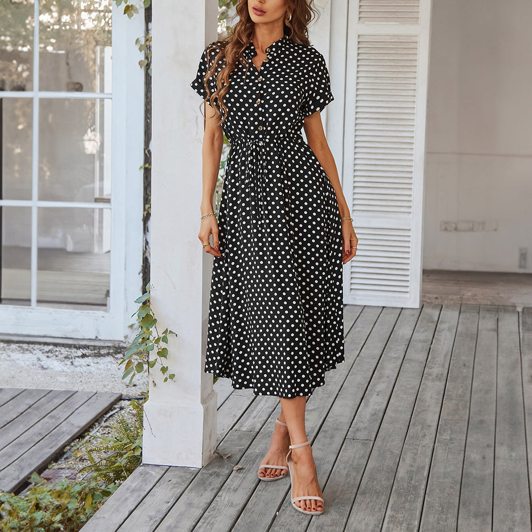 Damen Elegantes Hemdblusenkleid mit tailliertem Design und Polka-Dots Drune