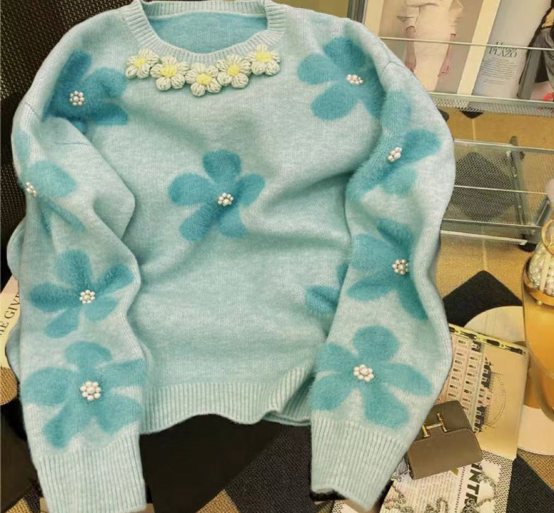Damen Strickpullover mit floralem Design und Perlenverzierungen Drune
