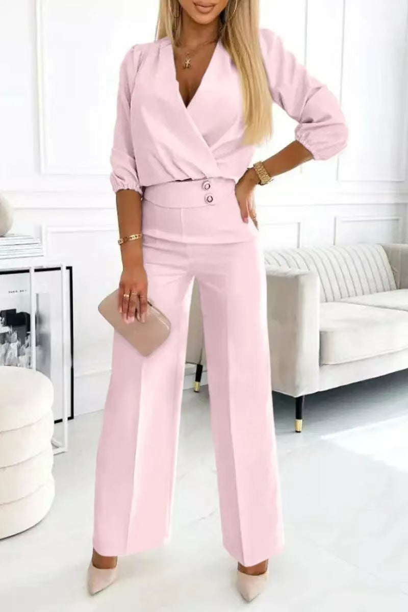 Damen eleganter Jumpsuit mit Wickeloberteil und hochtaillierten Beinen Drune