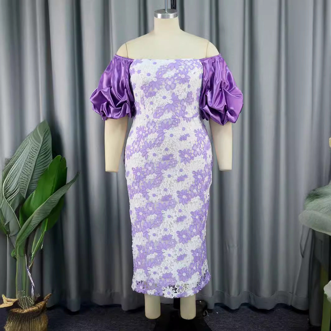 Damen Elegantes Spitzenkleid mit voluminösen Puffärmeln Drune