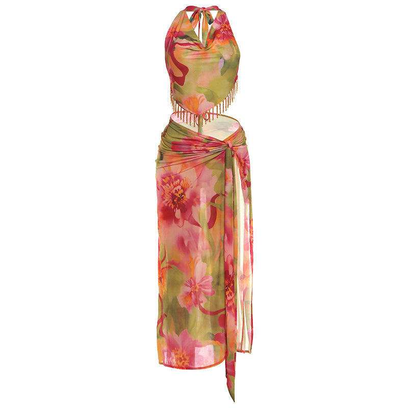 Damen florales Wickelkleid mit glamourösen Fransen und tiefem V-Ausschnitt Drune