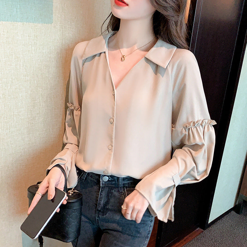 Damen Bluse mit Rüschendetails und V-Ausschnitt Drune