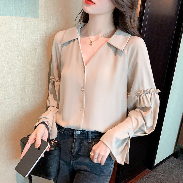 Damen Bluse mit Rüschendetails und V-Ausschnitt Drune