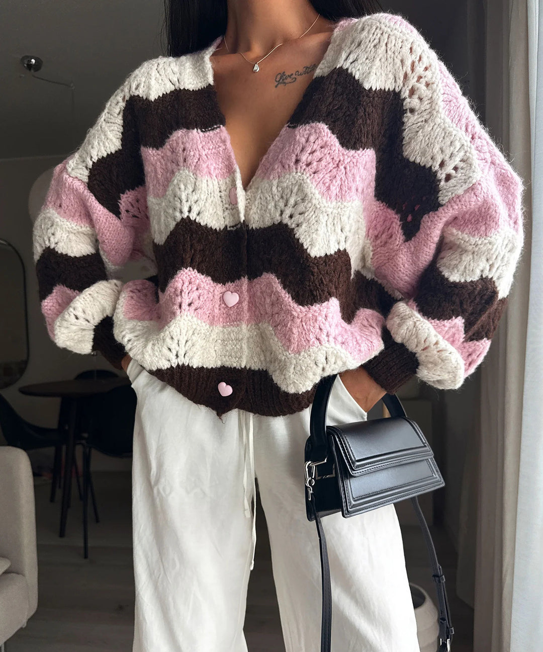 Damen gemütlicher Strickcardigan mit Wellenmuster Drune