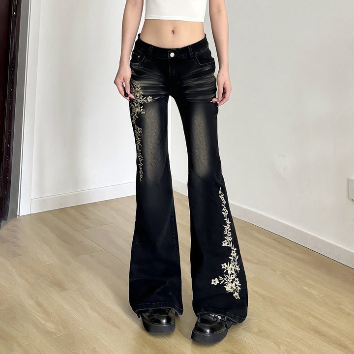 Damen Flared Jeans mit eleganter Blumenstickerei Drune