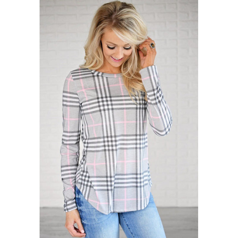 Damen Lässiges Langarmshirt mit Karomuster und seitlichen Schlitzen Drune