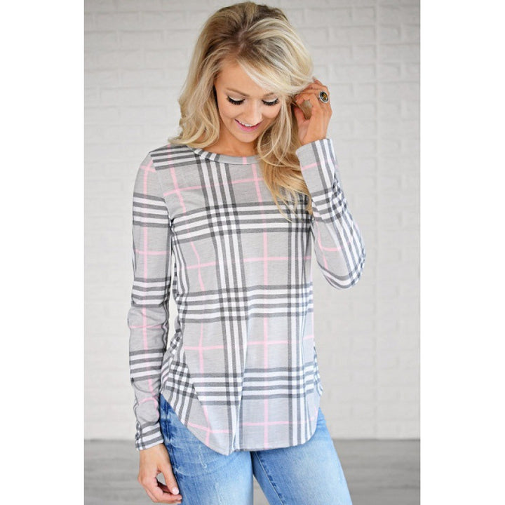 Damen Lässiges Langarmshirt mit Karomuster und seitlichen Schlitzen Drune