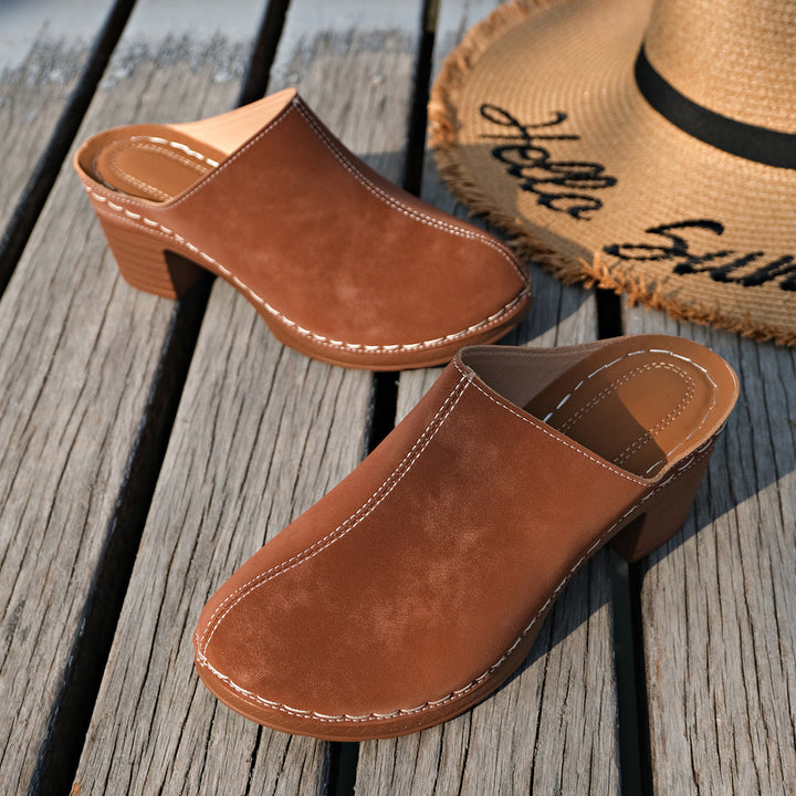 Damen bequeme Clogs aus hochwertigem Wildleder mit elegantem Blockabsatz Drune