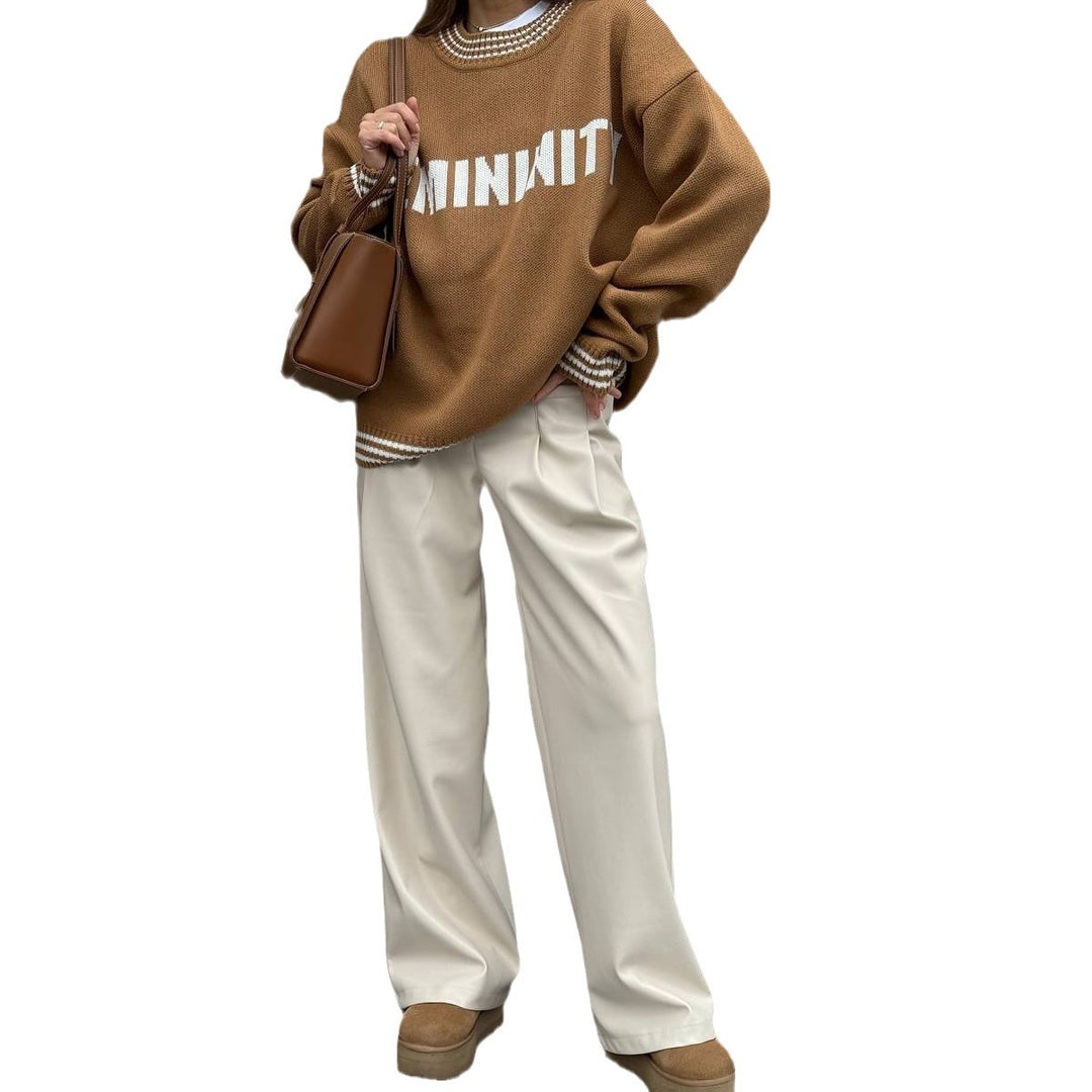Damen Oversized Strickpullover mit grafischem Schriftzug Drune