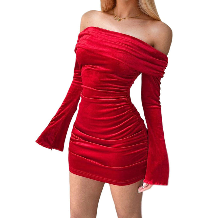 Damen figurbetontes Velvet Minikleid mit Off-Shoulder-Design und Rüschendetails Drune