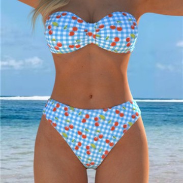 Damen Bandeau-Bikini mit verspieltem Karomuster und fruchtigem Print Drune