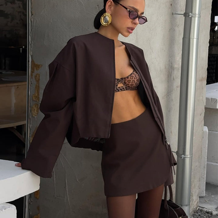 Damen modische cropped Jacke mit kurzem Schnitt und passendem Rock Drune
