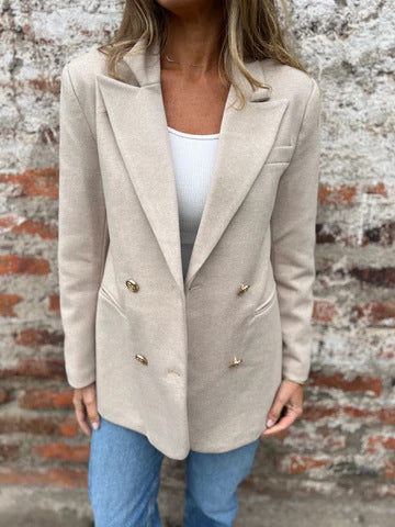 Damen Eleganter zweireihiger Blazer mit strukturiertem Stoff und goldenen Knöpfen Drune