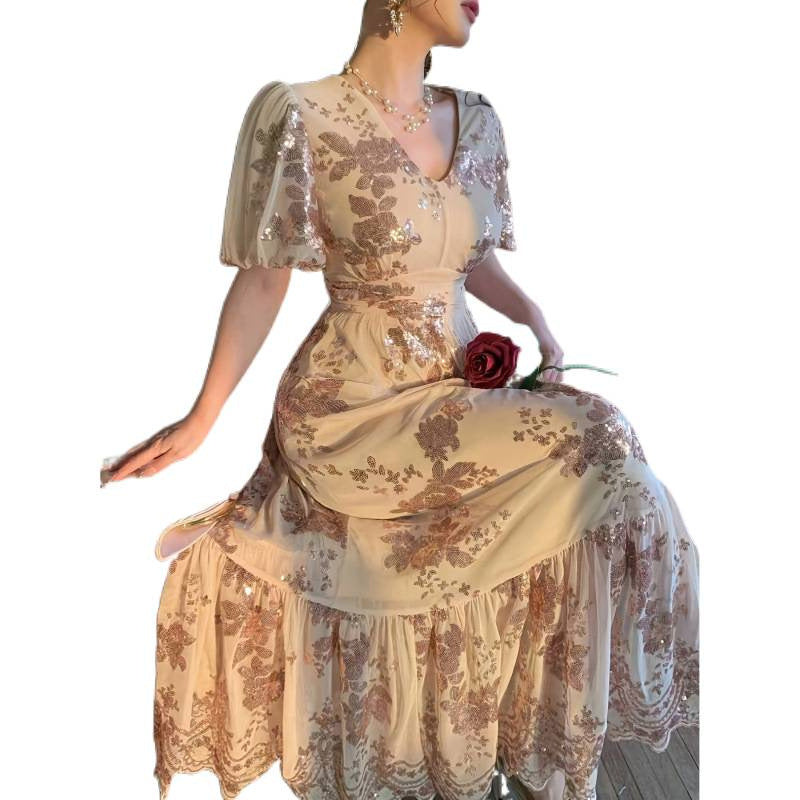 Damen Festliches Maxikleid mit funkelnden Pailletten und exquisiten Blumendetails Drune