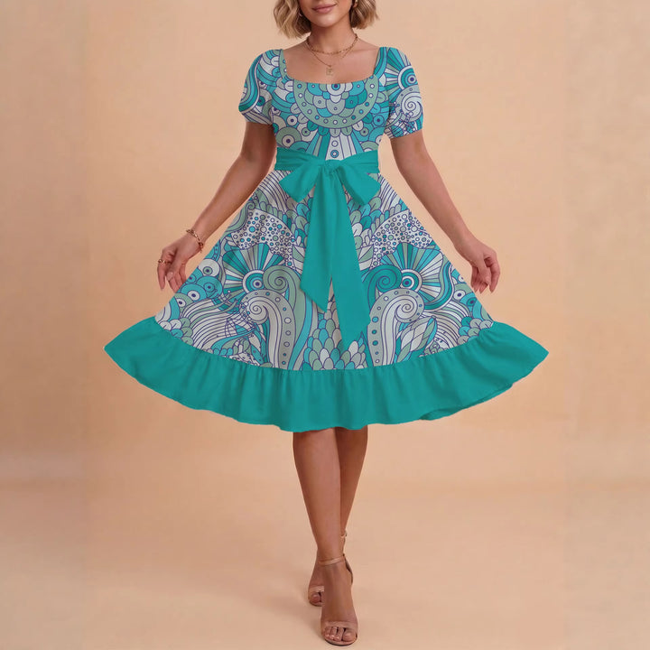Damen modernes Blumenkleid mit elegantem Taillengürtel und asymmetrischem Saum Drune