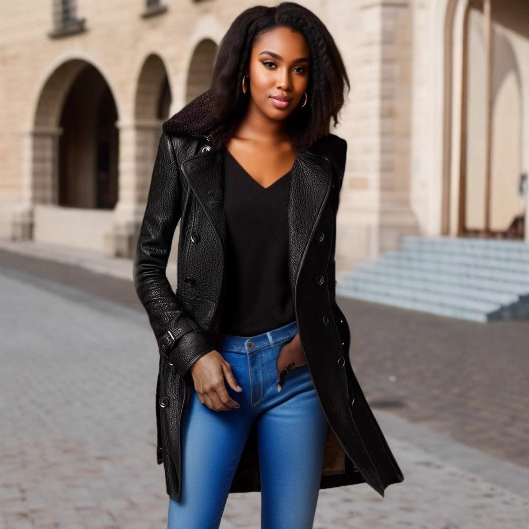 Damen Lederjacke mit umschlagbarem Kragen und hochwertigen Details Drune