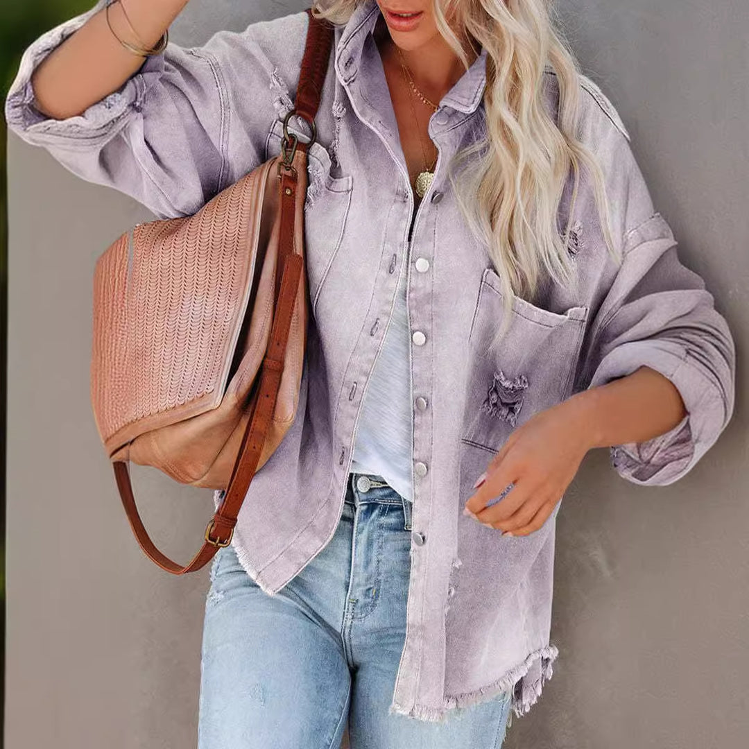Damen Oversized Jeansjacke im lässigen Vintage-Stil mit fransigen Details Drune