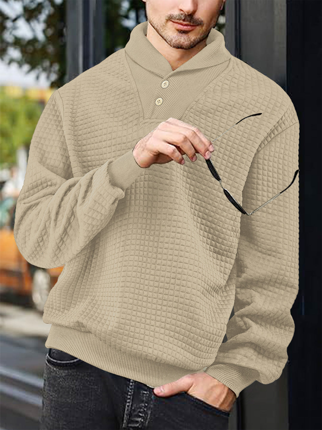 Herren nan eleganter Strickpullover mit Schalkragen, Knopfleiste am Ausschnitt und Karo-Waffelstruktur Drune