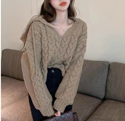 Damen Zopfmuster Pullover mit Kapuze und V-Ausschnitt Drune