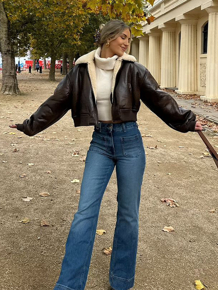 Damen cropped Kunstlederjacke mit Innenfutter aus Plüsch Drune