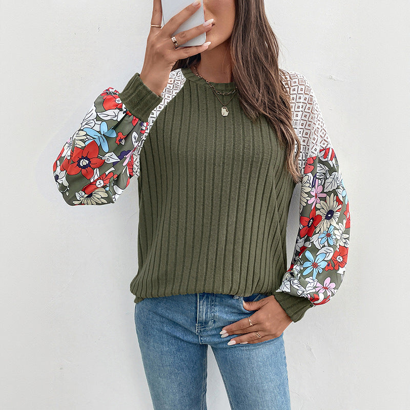 Damen Strickpullover mit bunten Blumenärmeln und Rippenstruktur Drune