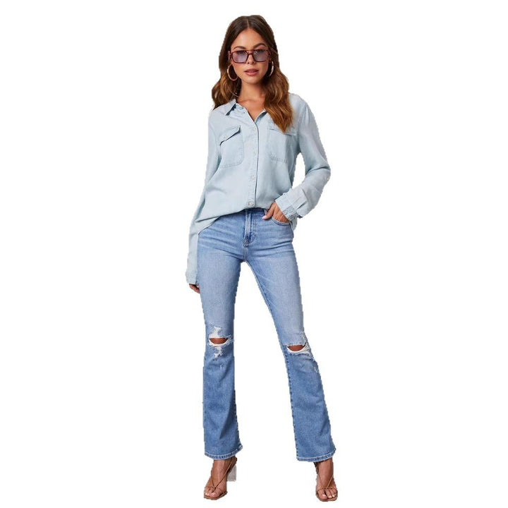 Damen Denim-Hemd mit umschlagbaren Ärmeln und zwei Brusttaschen Drune