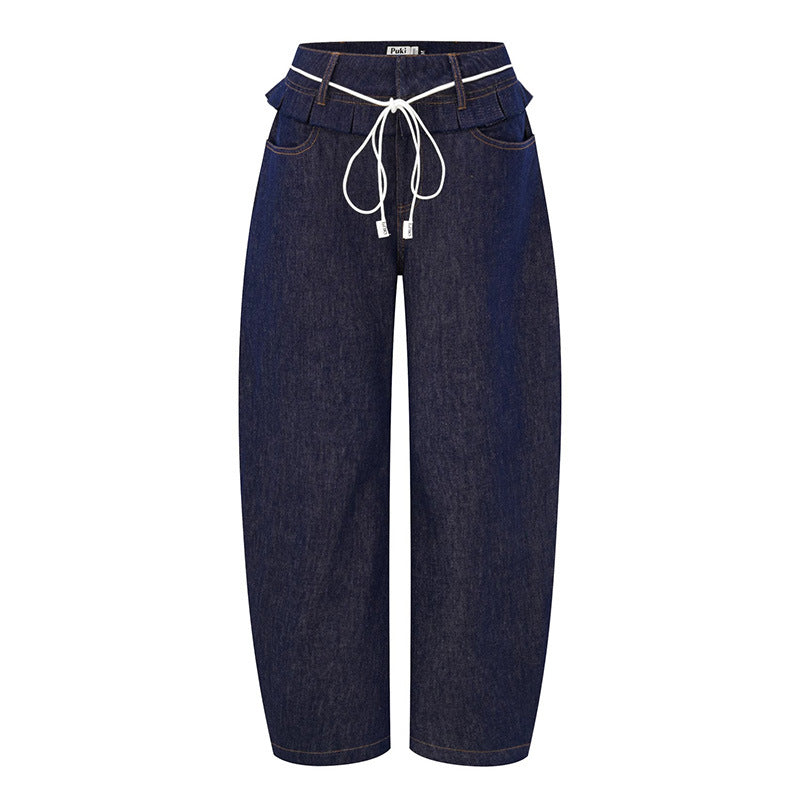 Damen weite Denim-Hose mit hoch geschnittenem Bund und modischen Falten Drune