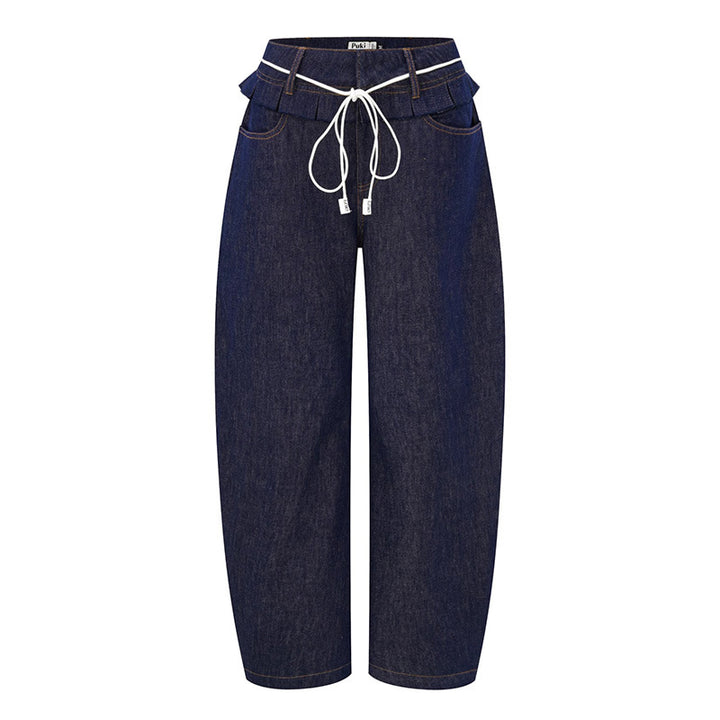 Damen weite Denim-Hose mit hoch geschnittenem Bund und modischen Falten Drune