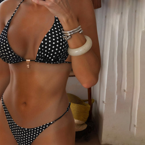 Damen Triangel-Bikini mit modischem Punktedesign und goldener Verschlussdetails Drune