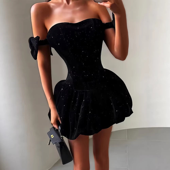 Damen Glitzerndes Cocktailkleid mit schulterfreiem Design und voluminösem Rock Drune