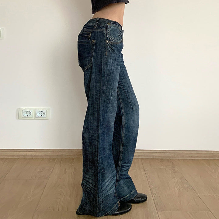 Damen Weite Jeans im Vintage-Stil mit hohem Bund und modischen Steppnähten Drune