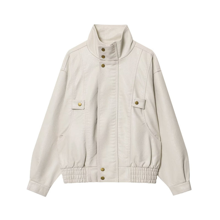 Damen modische Kunstlederjacke mit hohen Kragen und praktischen Knopfdetails Drune