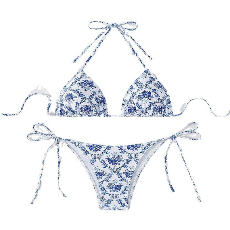 Damen Triangel-Bikini mit aufregenden Bindebändern und floralen Akzenten Drune