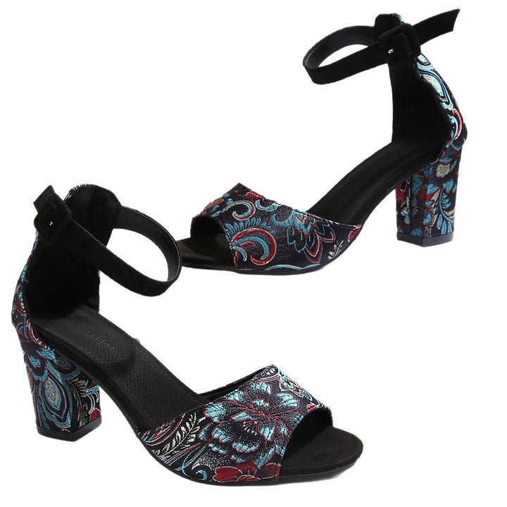 Damen  offene Mules mit besticktem Paisley-Muster, glänzender Kunstlederblatt und mittelhohem Blockabsatz Drune