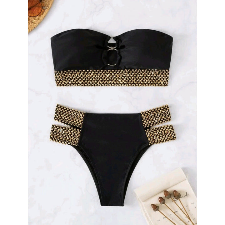 Damen Bandeau-Bikini mit goldenen Akzenten und hohem Taillenschnitt Drune