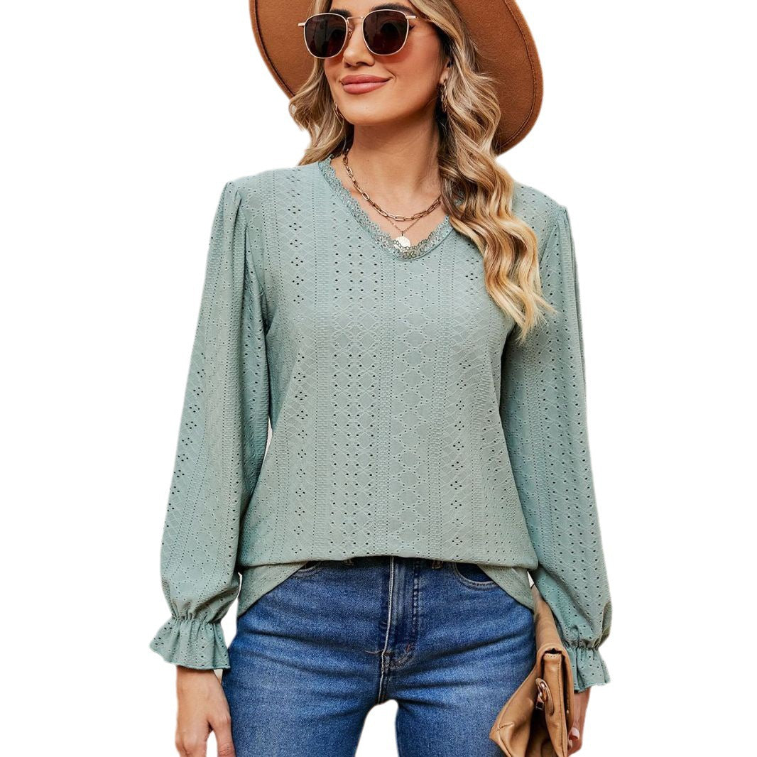Damen elegantes Blusentop mit aufwendigem Lochmuster und lässigem Schnitt Drune