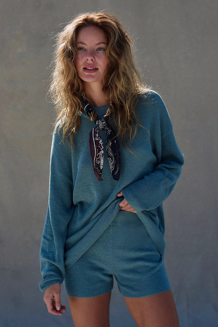 Damen lässiges Strickkleid mit tiefem Kragen und weiten Ärmeln Drune