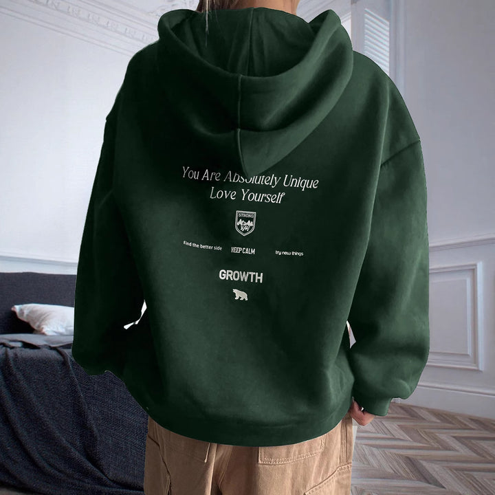 Damen Kapuzenpullover mit motivierendem Schriftzug und bequemer Passform Drune
