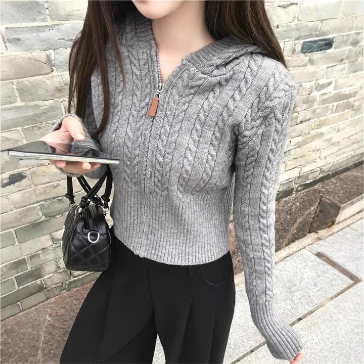 Damen Cropped Strickjacke mit Kapuze und Zopfmuster Drune