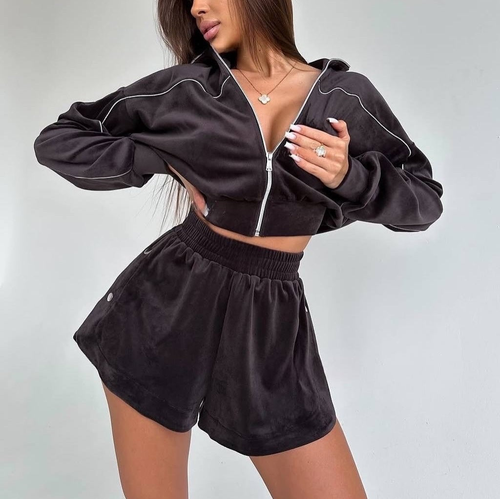 Damen nan kurzes Velours-Lounge-Set mit Cropped Zip-Hoodie und elastischer Highwaist-Shorts Drune